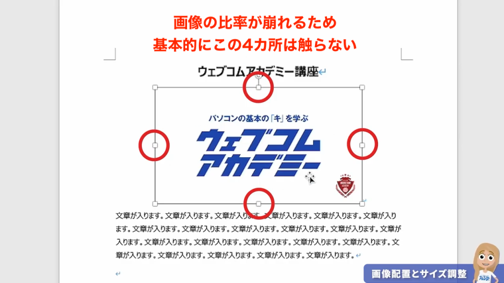 Wordで画像の上下左右にある中央ハンドルをドラッグすると、縦横比が崩れて画像が歪んでしまうことを示す注意図
